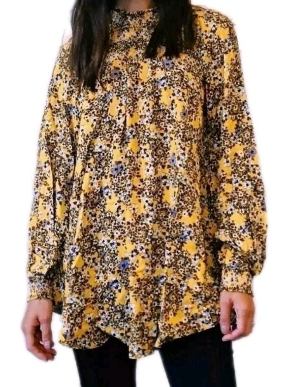 FREE PEOPLE size Small Long Sleeve Floral Mock Neck Boho Swing Tunic Top Yellow